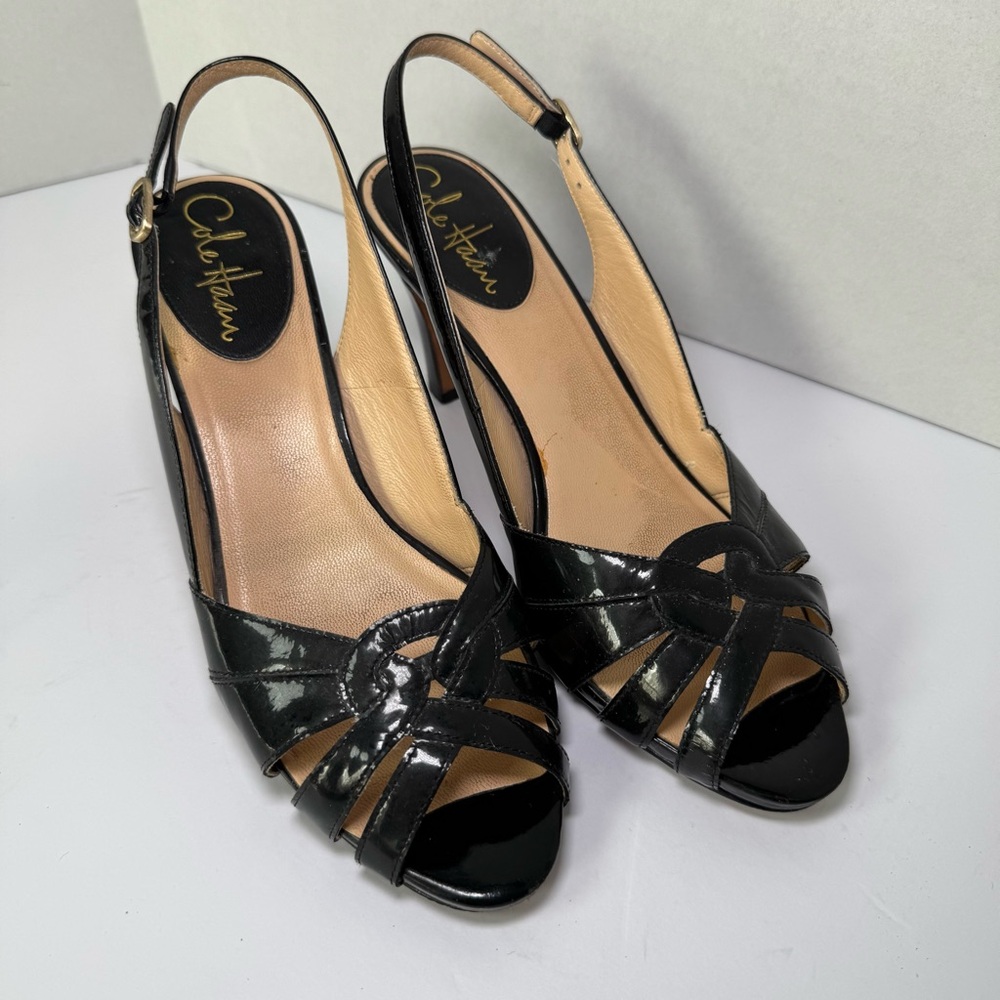 Cole Haan Charlize Black Patent Leather Peep Toe Slingback 3.5" Heels Size 7.5